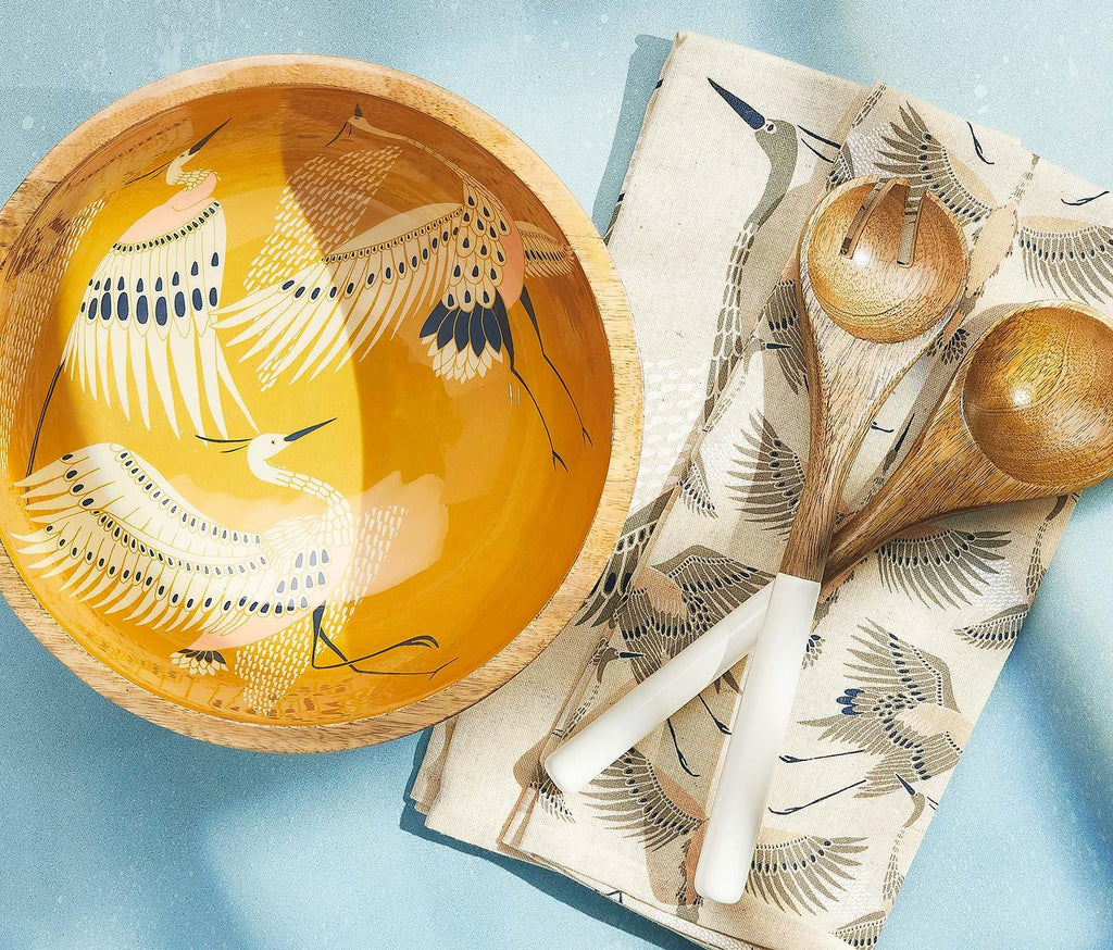 Danica Yellow Birds illustrated Wood Salad Serving Bowl Set - lollygag