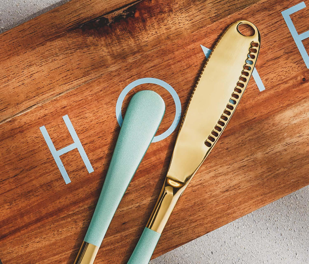 Atlas Multifunctional Gold and Aqua Butter Cheese Knives Set