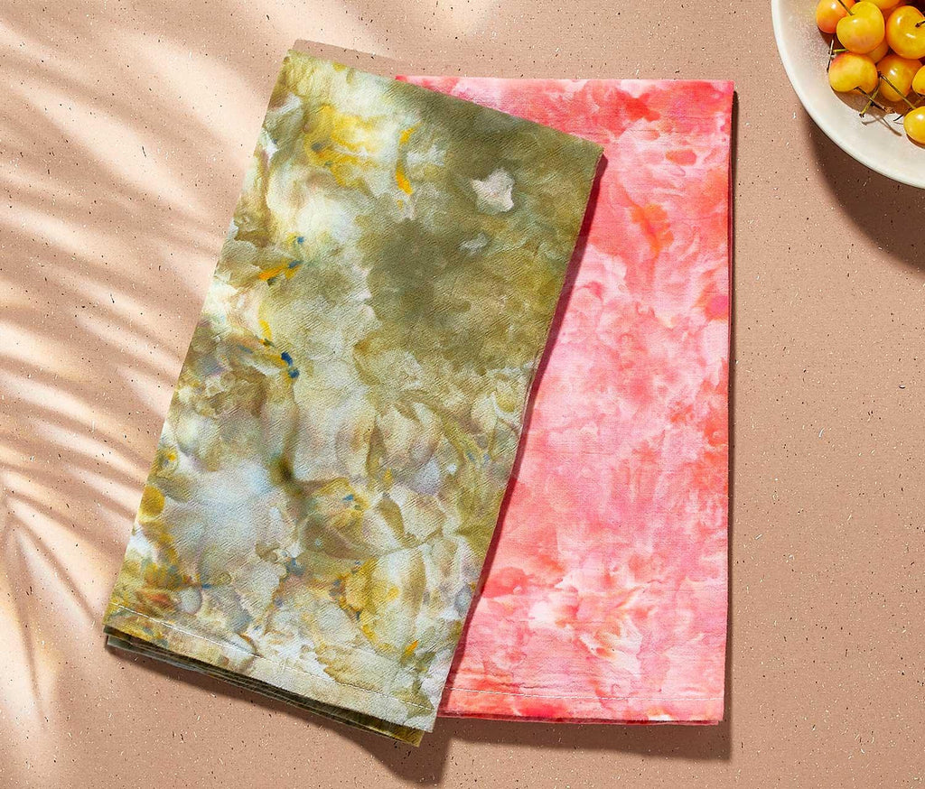 Kaleidoscope Tie/Ice Dyed Dish Towel Set-Pink nd Green Hydrangea Garden a