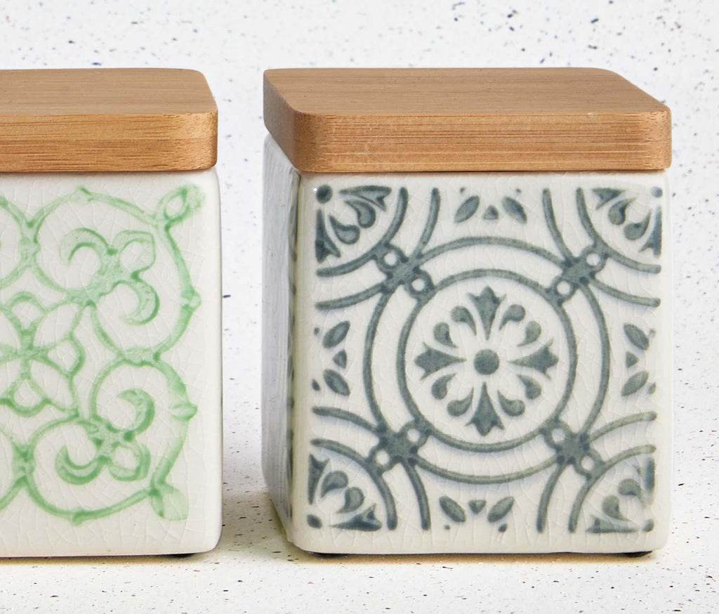 Marrakesh Patterned-Stoneware Small Square Canisters with wood lids set