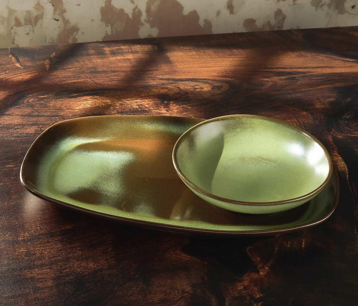 Vintage Prairie Green Frankoma Serving Plate & Bowl Set