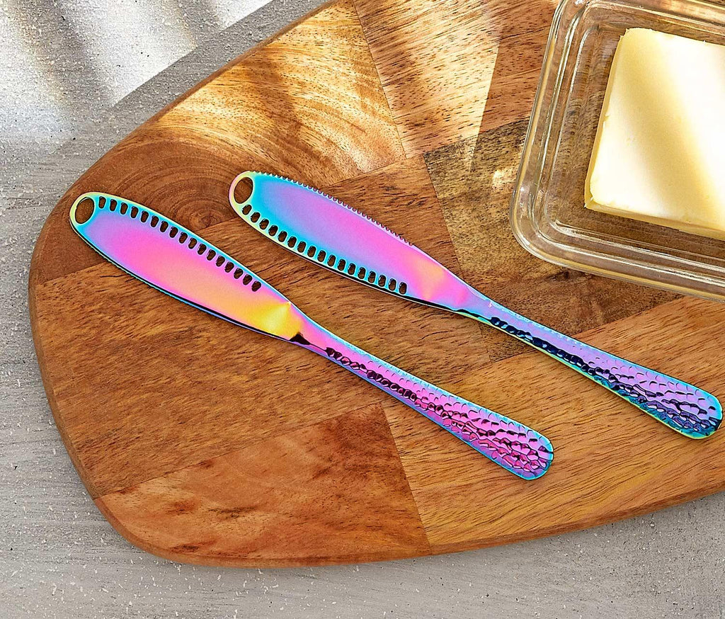 Calypso Multifunctional Butter Cheese Knives & Textured Handle Set -in Hammered Rainbow Metallic