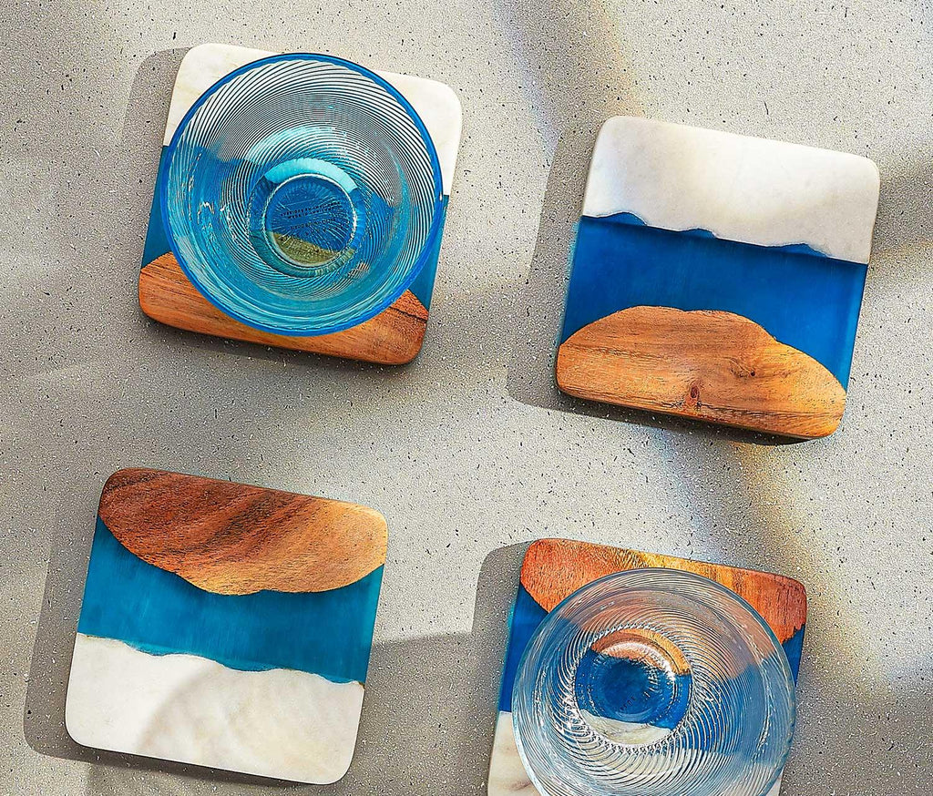 Skyline Azure Marble Wood and Resin Coaster Set - lollygag