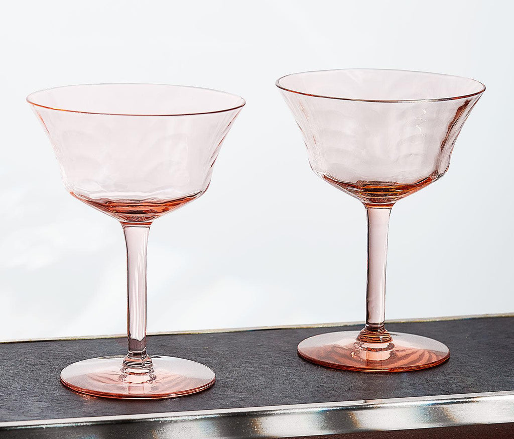 Vintage Cecille Rose Pink Optic Loop Coupe & Champagne Glasses - lollygag