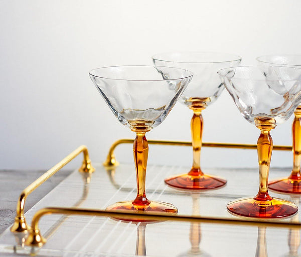 Vintage Tall Etched Crystal Martini Glasses - Set of 4