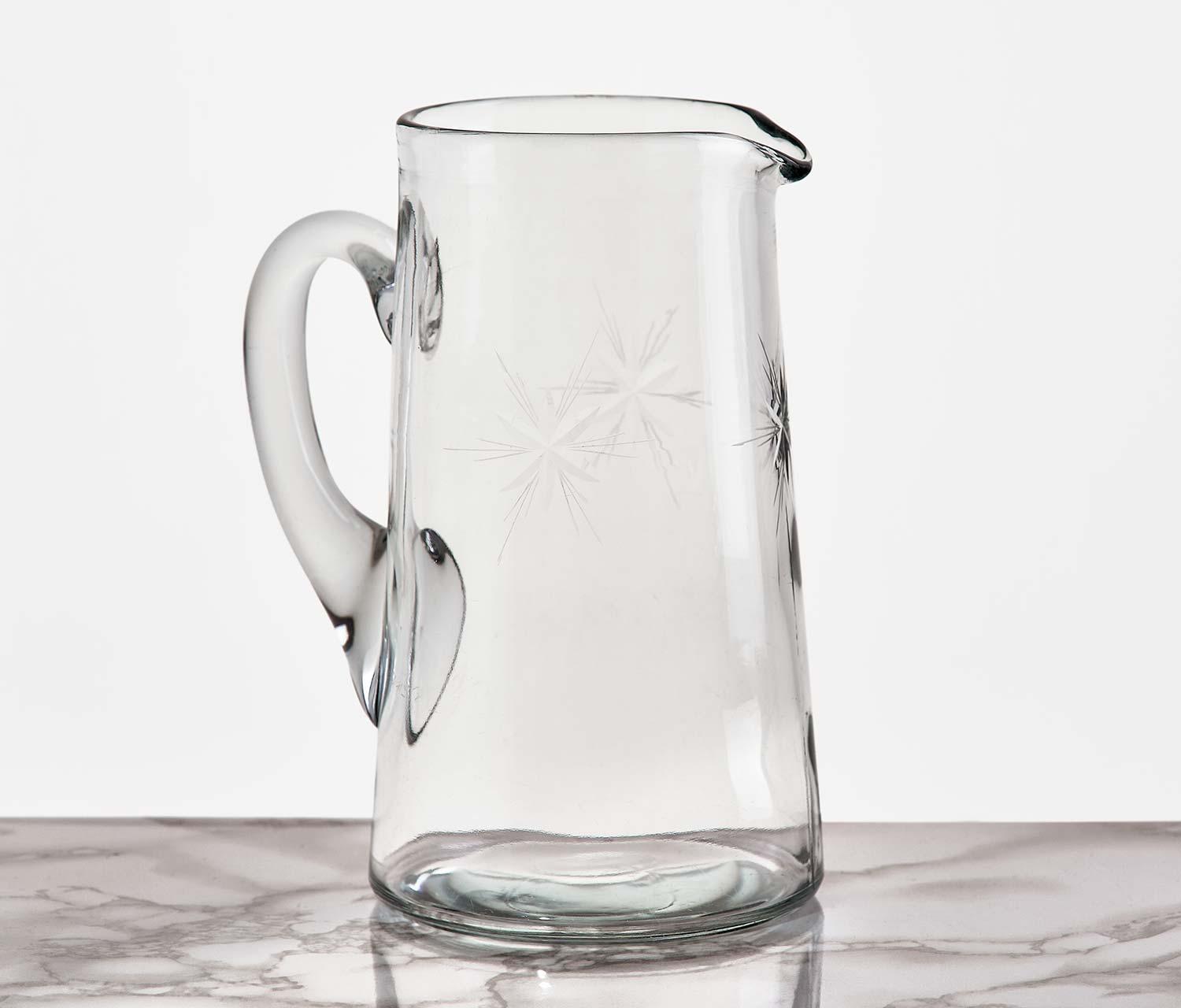 Vintage Etched Starburst Pitcher with matching Wine Glasses