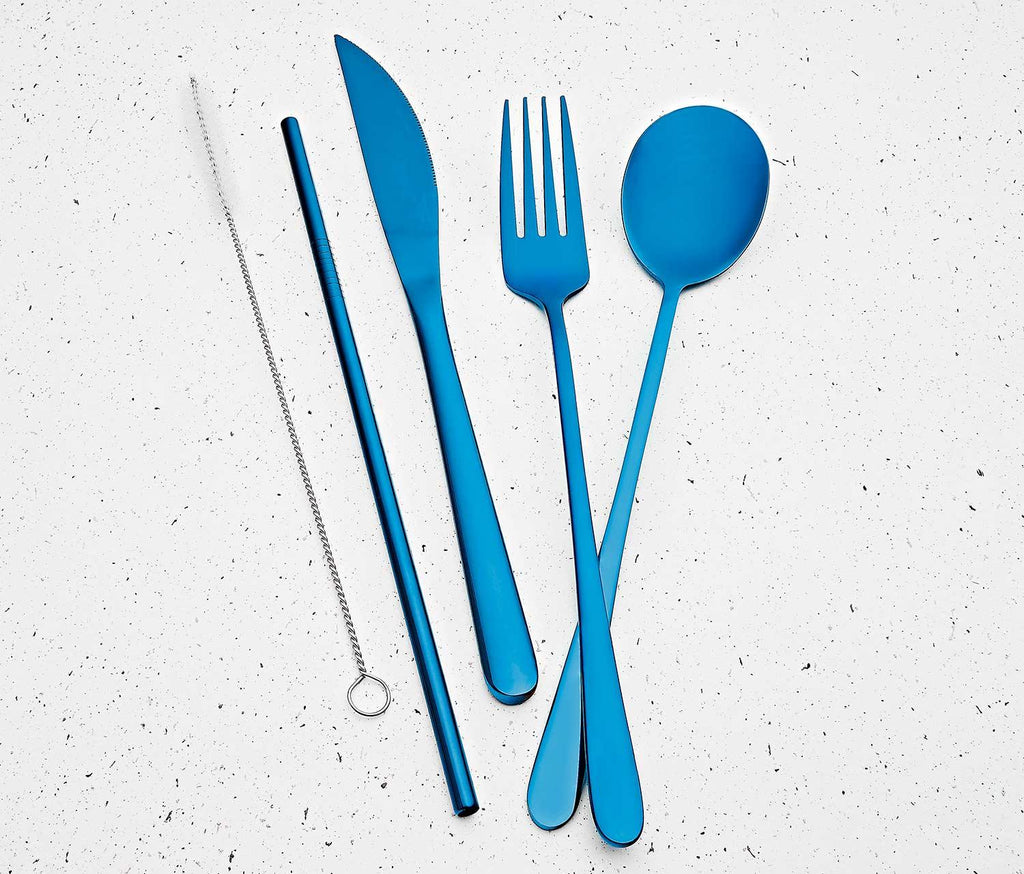 Electric Blue Reusable Travel Stainless Flatware with case - lollygag
