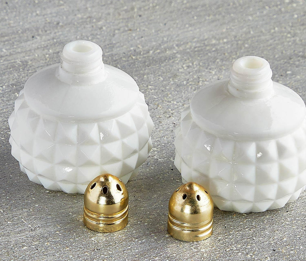 Vintage Milk Glass Hobnail/Studded Mini Salt & Pepper Shaker set with gold tops