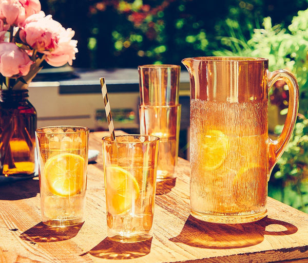 Vintage Marigold Iridescent Pitcher and 4 Tumblers Peach Luster